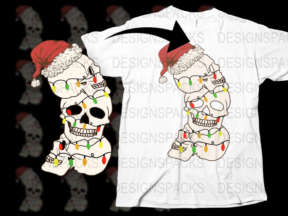 Christmas Skull T-Shirt, Santa Hat Design, Holiday Lights, Festive Graphic Tee, Unisex Fashion Clothing