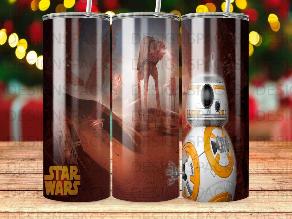 Star Wars BB-8 droid and AT-AT walker on desert planet.
