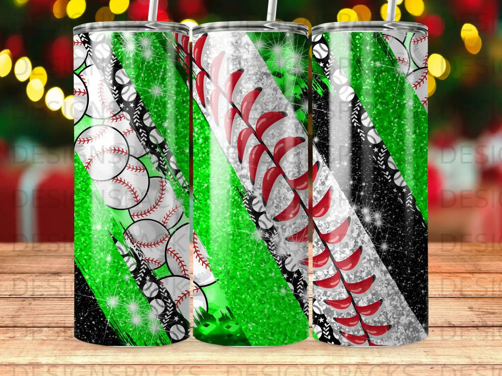 Tumbler with baseball seams, green glitter, and black and white stripes.