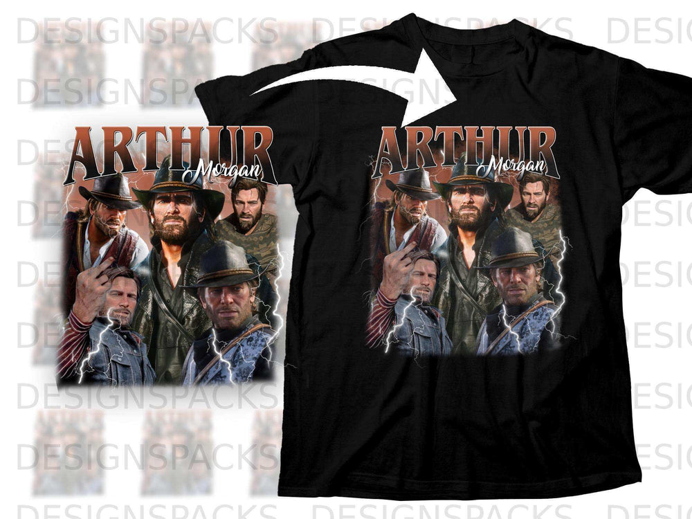 Black t-shirt with Arthur Morgan collage and text.
