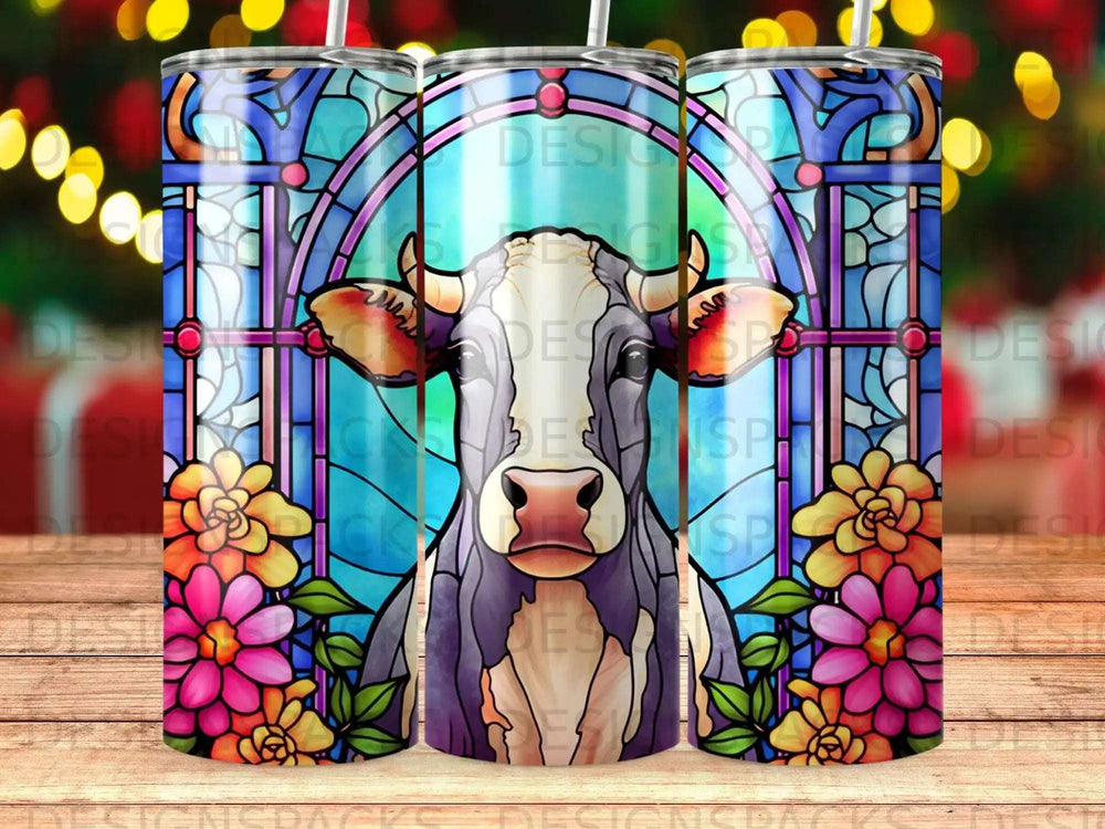Cow face with stained glass and floral border on a tumbler.