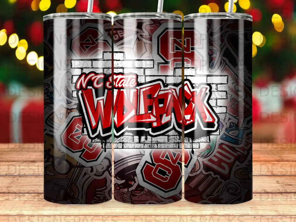 NC State Wolfpack logo with brick pattern and university emblems.