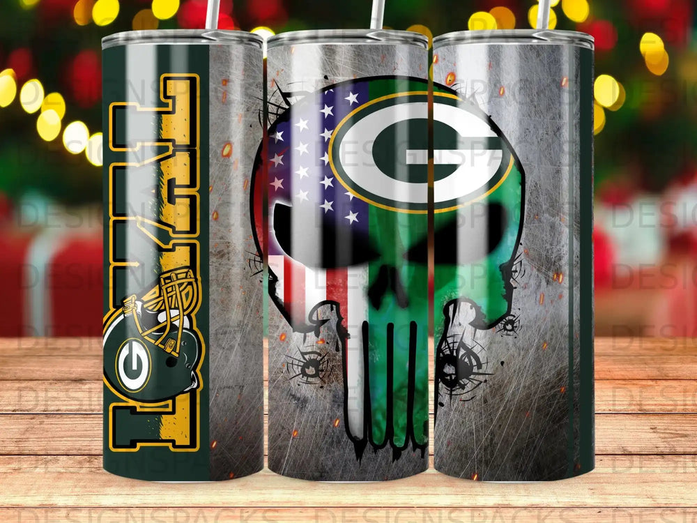 Green Bay Packers skull with American flag and distressed metal texture.