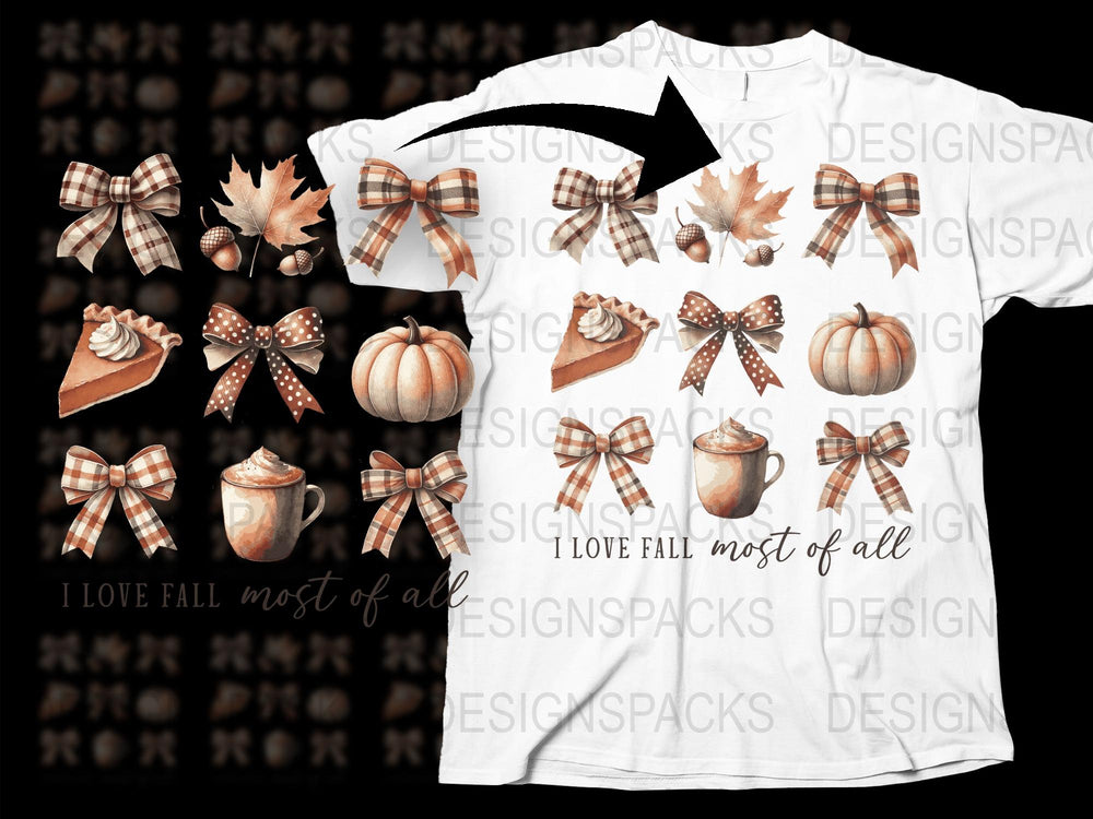 Fall Season T-Shirt and Clipart Bundle, Autumn Leaves Pumpkins Bows Design, Thanksgiving Shirt Digital Graphics Pack