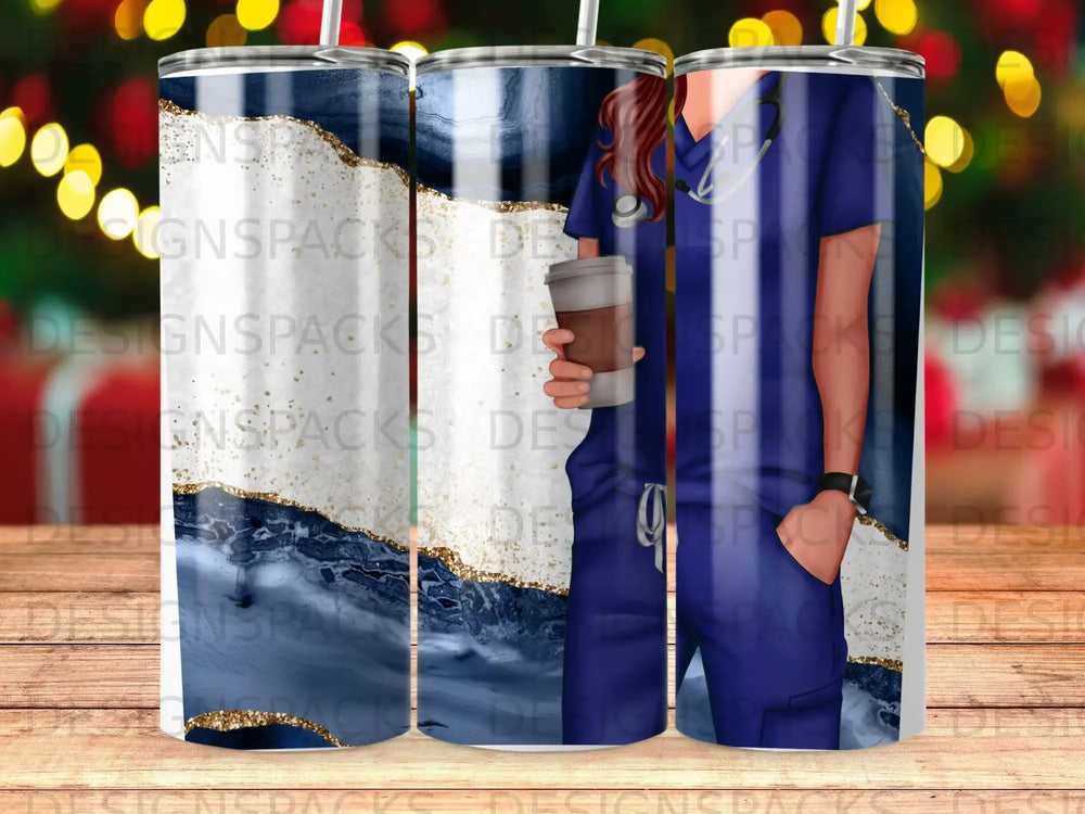Nurse holding coffee cup with blue marble and gold glitter background.