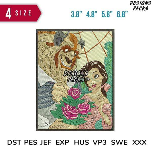 Beauty and the Beast embroidery design with rose bouquet, available in 4 sizes and multiple file formats