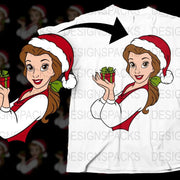 Christmas Santa Hat Girl Holding Gift Graphic T-Shirt, Festive Holiday Apparel for Women and Teens