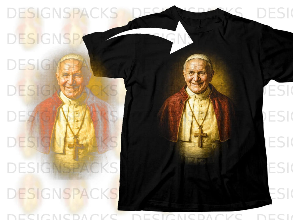 Black t-shirt with a painting of Pope John Paul II in papal vestments.