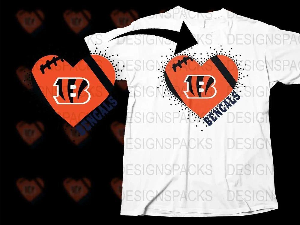 Cincinnati Bengals T-Shirt, Heart Design, Football Team Fan Gear, NFL Inspired Graphic Tee, Casual Sportswear, Unisex Full Print Shirt
