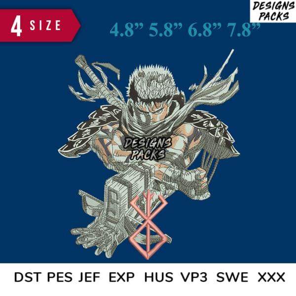 Anime warrior embroidery design in 4 sizes, compatible with DST PES JEF formats for instant download.