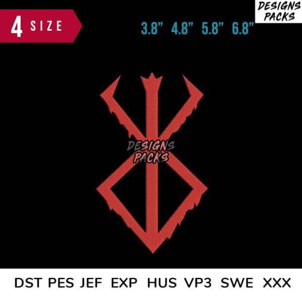 Red gothic-style embroidery design with 4 sizes, compatible with DST PES JEF formats for instant download