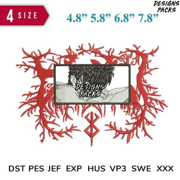 Red branch embroidery design with anime-style portrait, available in 4 sizes and multiple file formats