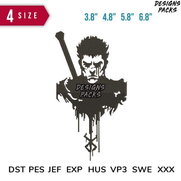 Gritty warrior with sword, 4 sizes, embroidery formats DST PES JEF EXP for DTG DTF tumbler designs