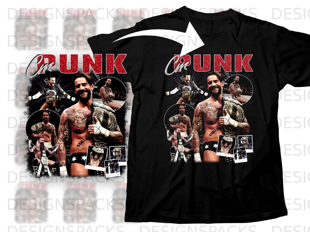 Black t-shirt with CM Punk holding championship belts and collage of smaller photos.