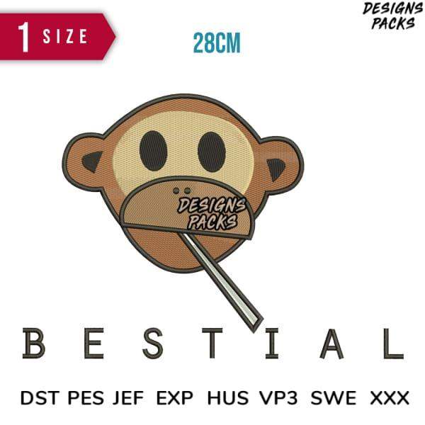 Embroidery design of a monkey face with 'DESIGNS PACKS' text, 28cm size, compatible with DST PES JEF formats