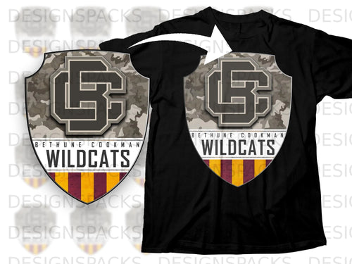 Black t-shirt mockup featuring a shield with camouflage, 