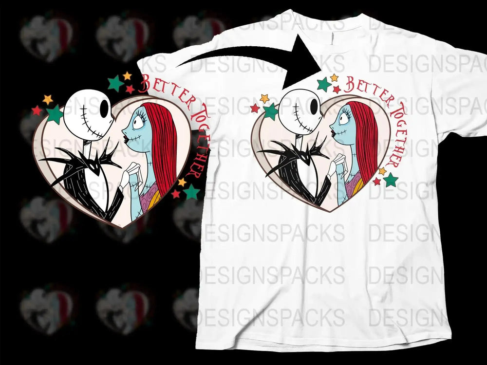Jack and Sally heart design t-shirt, 'Better Together' with stars, print-ready for DTG/DTF