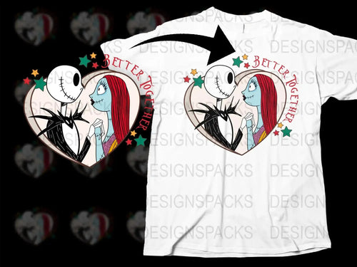 Jack and Sally heart design t-shirt, 'Better Together' with stars, print-ready for DTG/DTF
