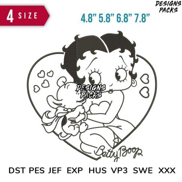 Betty Boop embroidery design in heart frame, 4 sizes, DST PES JEF formats, print-ready for DTG/DTF