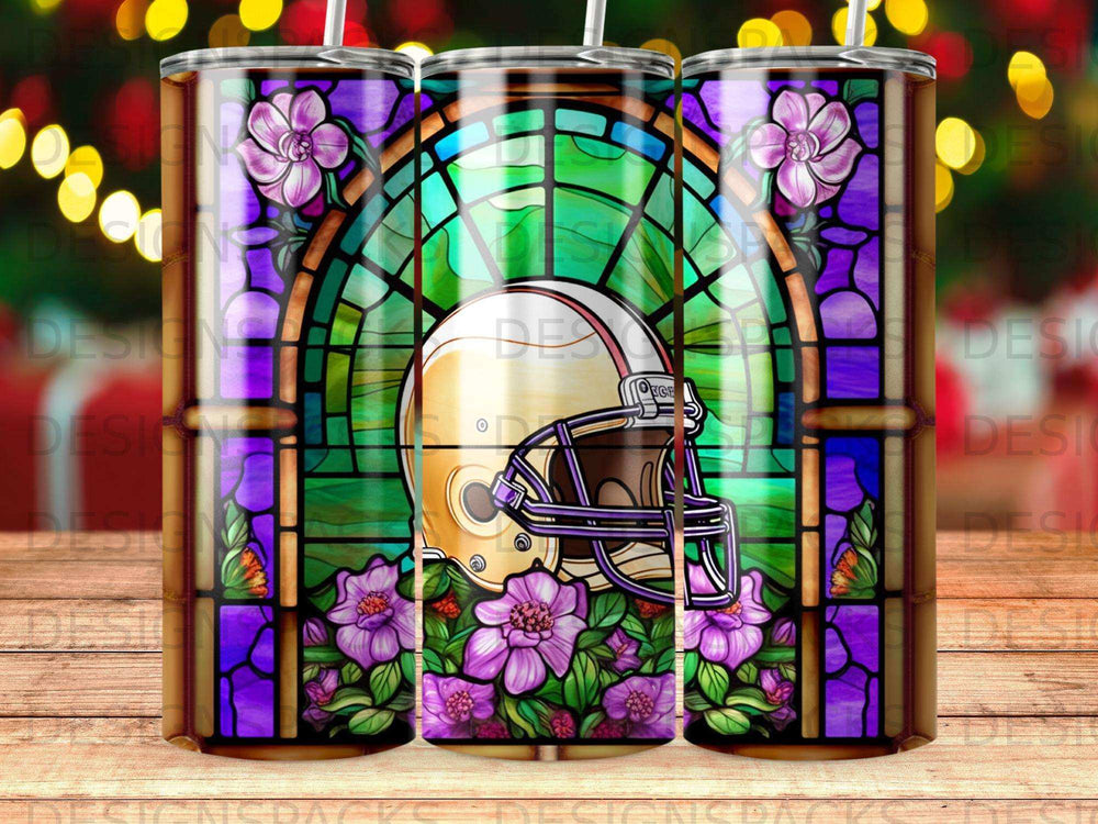 Golden football helmet against stained glass window with purple flowers.