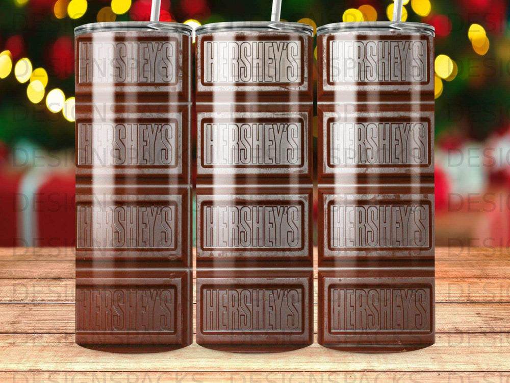 Hershey's chocolate bar pattern on a cylindrical tumbler.
