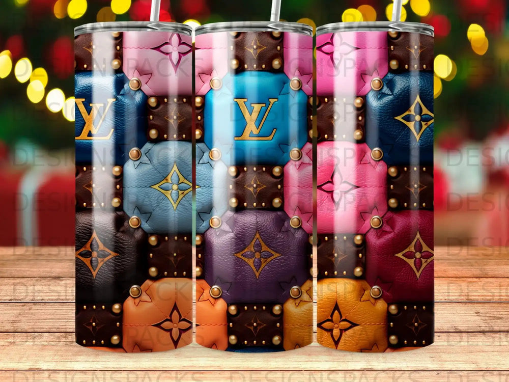 Tumbler with repeating LV monogram and quilted leather squares.