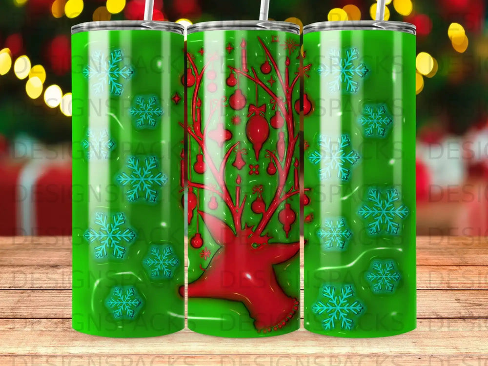 Green tumbler with red reindeer and Christmas ornament design.
