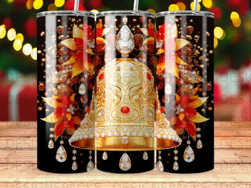 Diamond-encrusted bell with floral accents on a black background.
