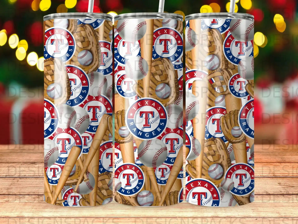 Texas Rangers baseball tumbler with baseball, mitt, and bat pattern.