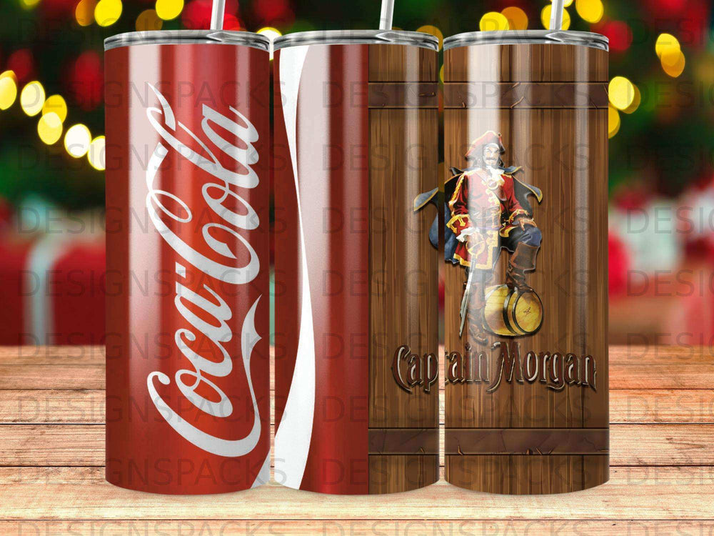 Captain Morgan rum and Coca-Cola branded tumblers with pirate imagery.