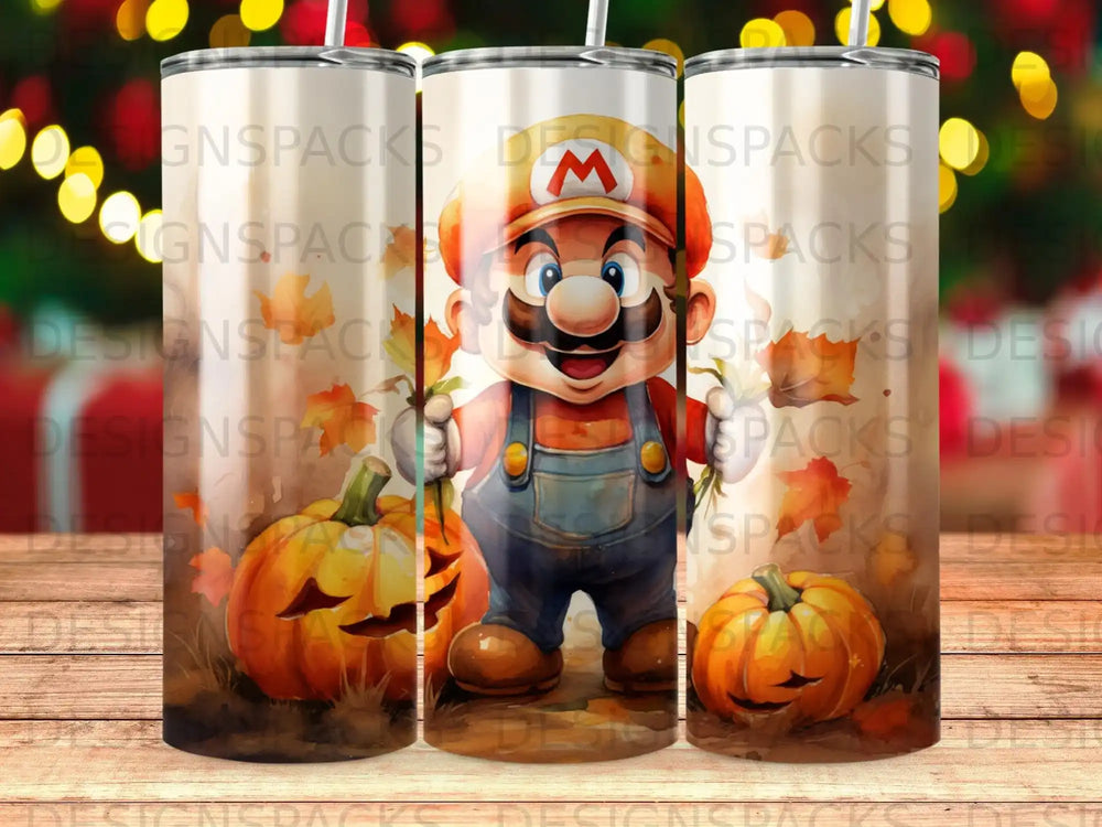 Mario character with pumpkins on a tumbler, "DESIGNSPACKS" watermarked.