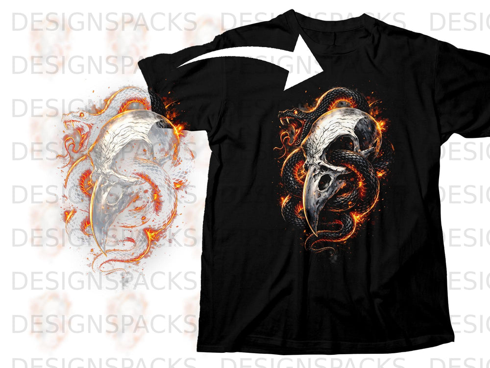 Black t-shirt with a skull and black snake graphic, surrounded by fire.