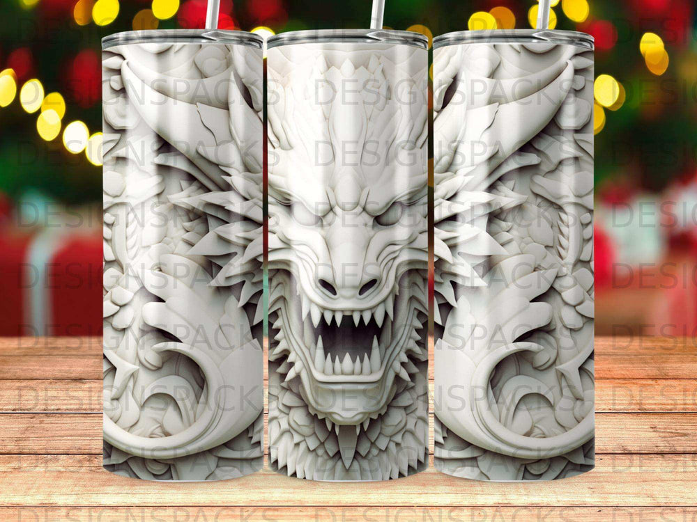 White dragon face relief on a tumbler.