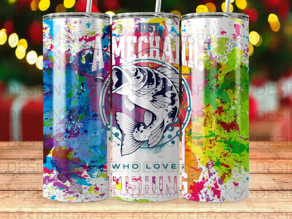 Mechanic who loves fishing, tumbler with colorful paint splatter design and fish graphic.