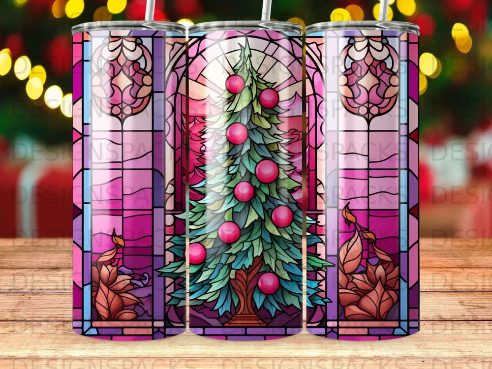 Stained glass Christmas tree with pink ornaments on wood grain background.
