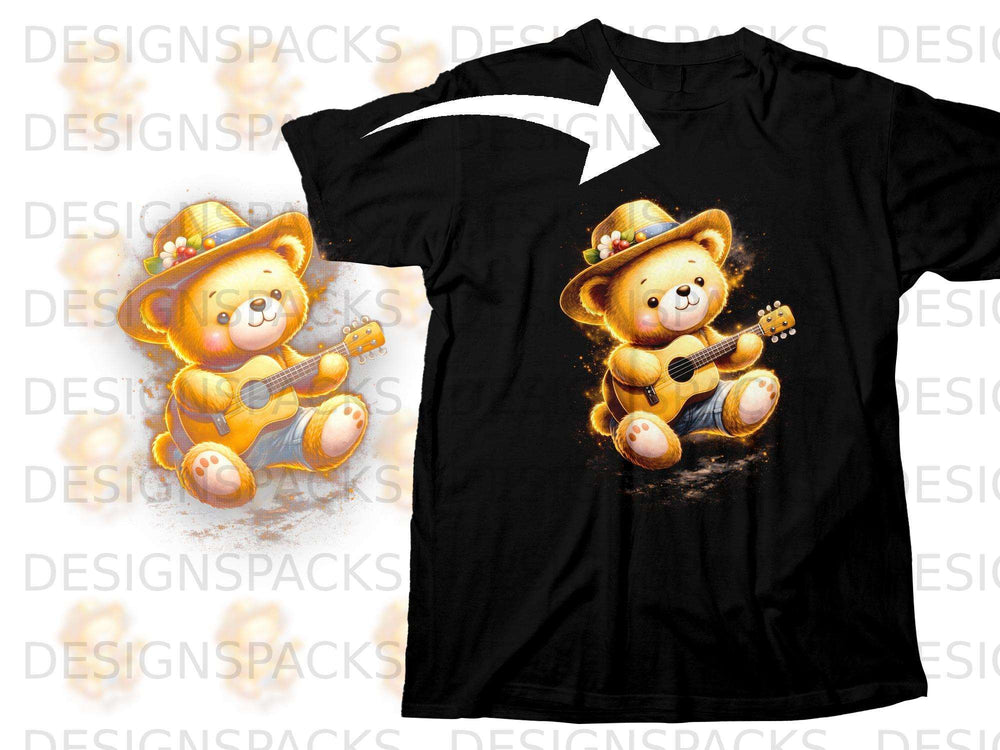Black t-shirt with a design of a teddy bear playing a guitar and wearing a hat.