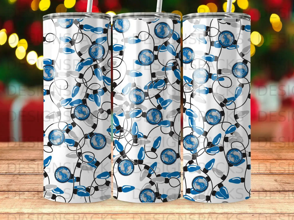 Detroit Lions logo on blue and white Christmas lights pattern tumbler.