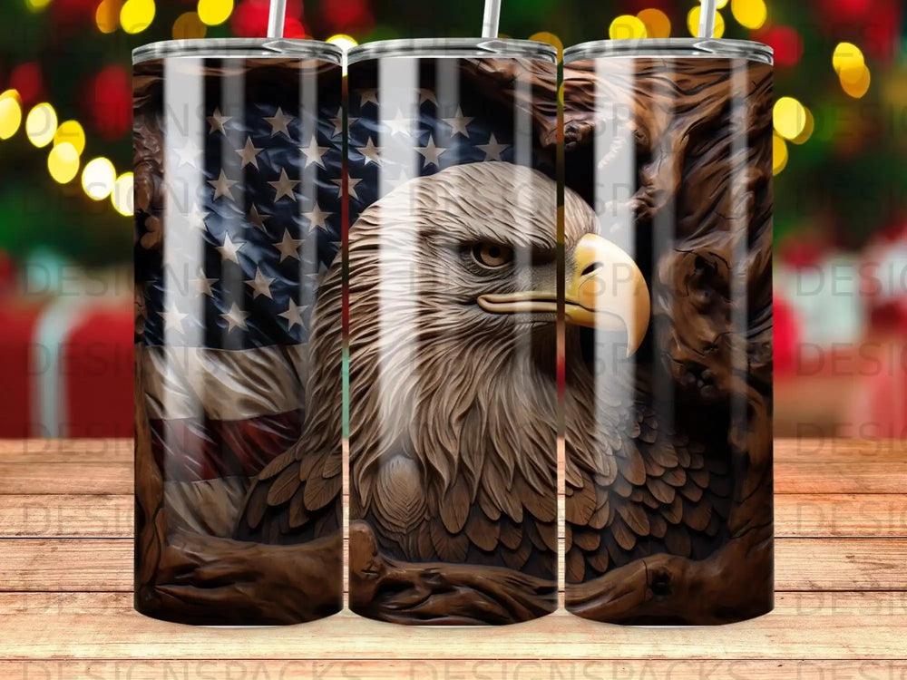 Eagle and American flag on a tumbler.