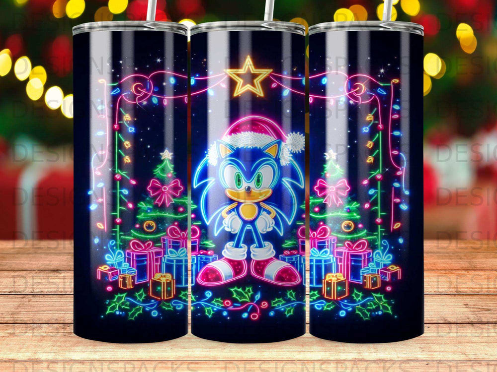 Sonic the Hedgehog wearing a Santa hat surrounded by Christmas lights and gifts.