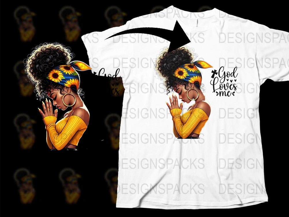 Afro Woman Praying Design T-Shirt, Sunflower Graphic, Inspirational Black Art Tee, Unique Gift Idea