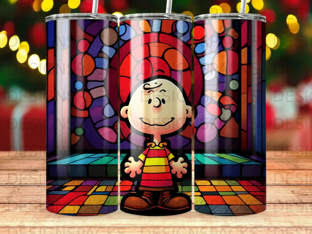 Charlie Brown in front of a stained-glass window and colorful floor.