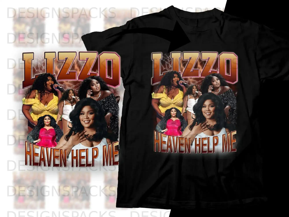 Lizzo "Heaven Help Me" graphic t-shirt with performer images.