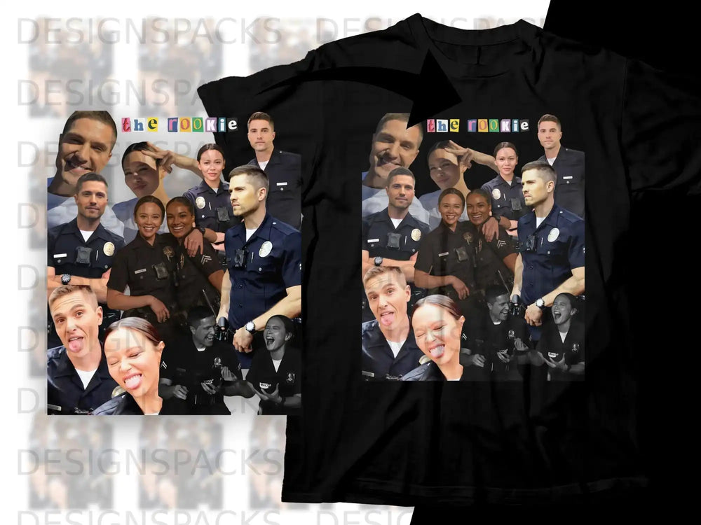 The Rookie TV show characters collage on black t-shirt.
