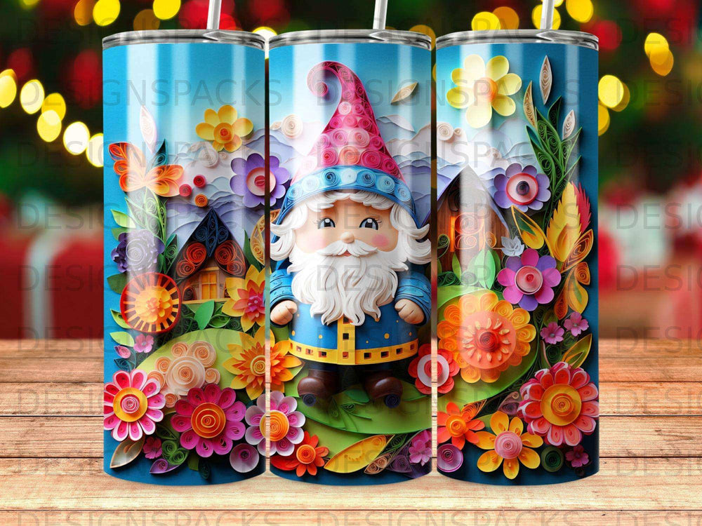 Gnome with flowers and colorful paper cutouts on a striped background.