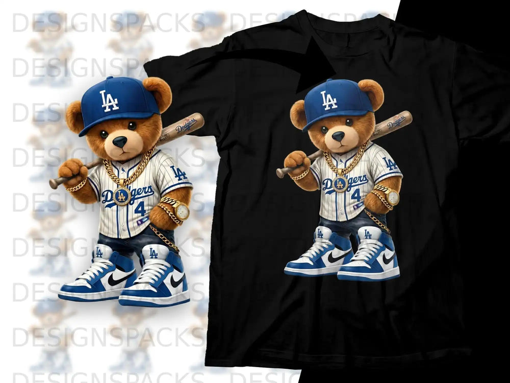 Bear mascot in Los Angeles Dodgers uniform holding baseball bat.