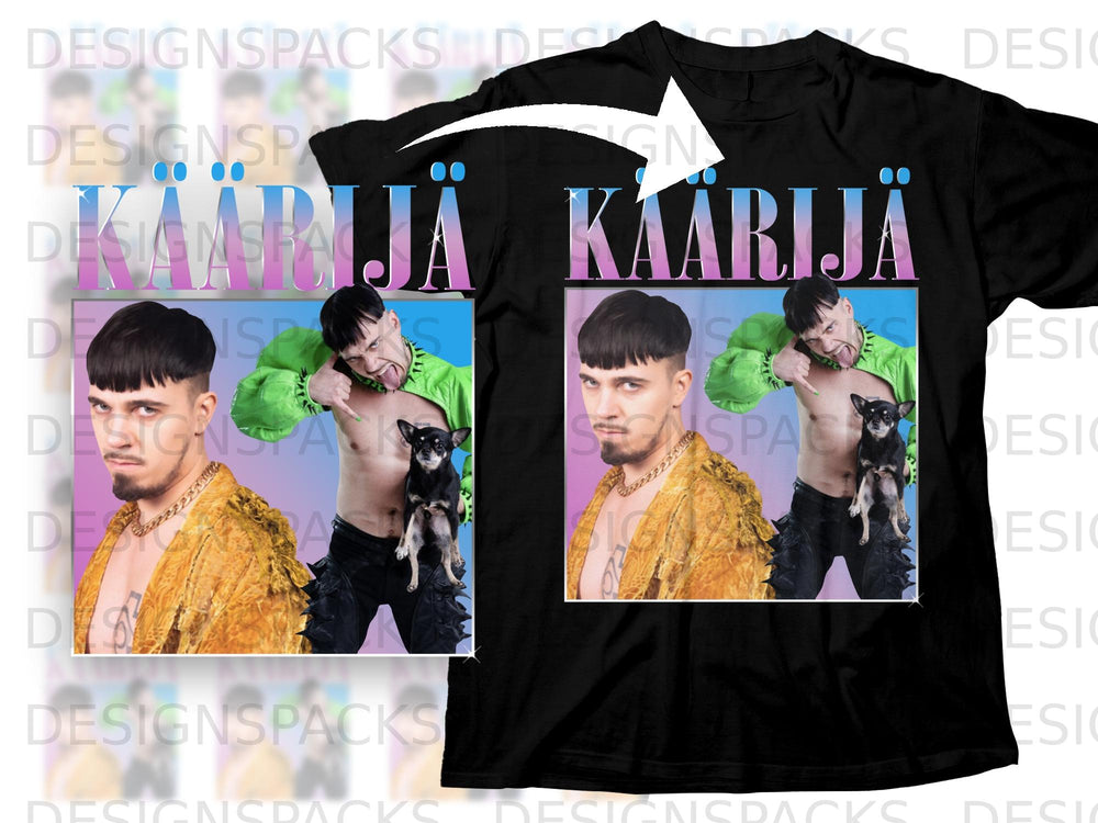 Black t-shirt with "KAARIJÄ" text and a graphic of a man holding a dog.
