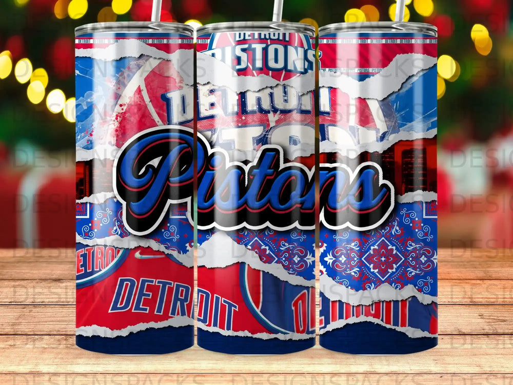 Detroit Pistons tumbler with team logo and red, white, and blue distressed design.