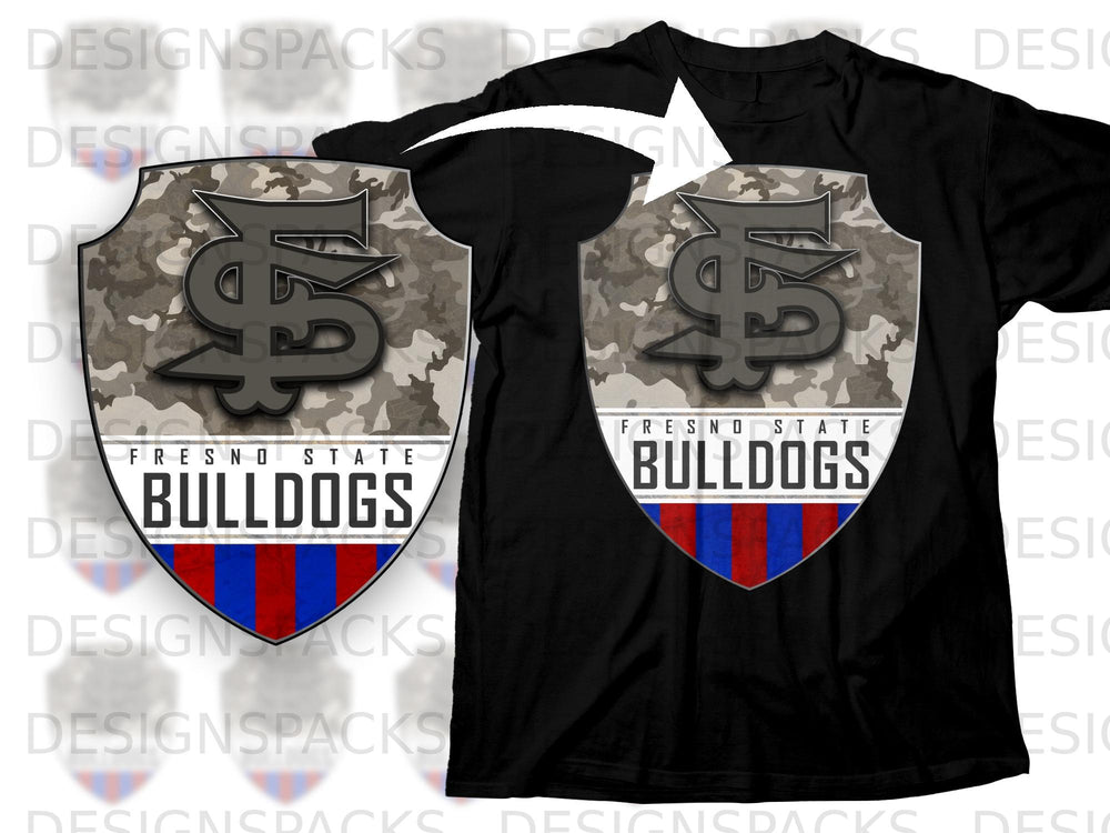 Black t-shirt featuring a shield logo with "Fresno State Bulldogs" text.