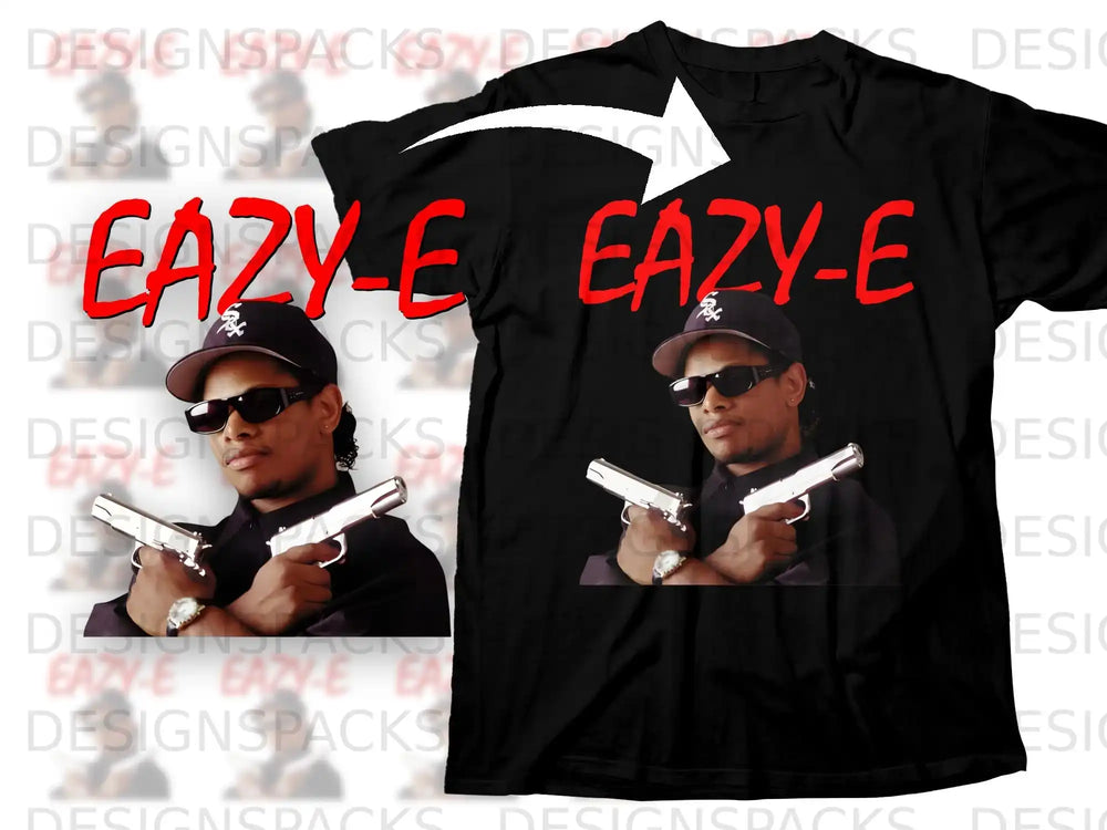 Black t-shirt featuring Eazy-E holding two pistols, with "Eazy-E" text.