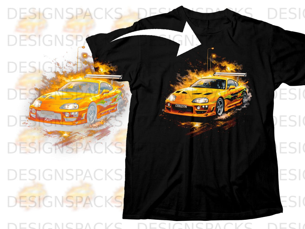 Yellow sports car with flames, on a black t-shirt, with license plate KI13SGC.